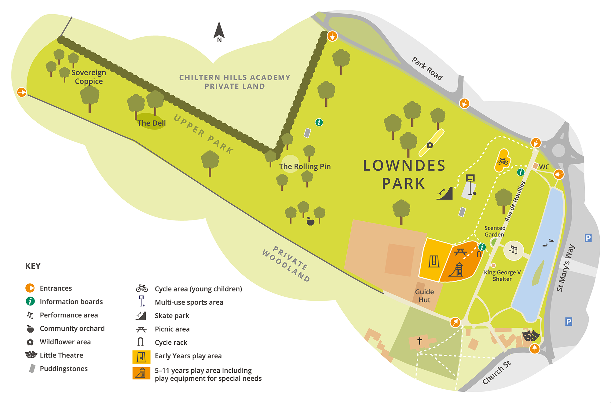 Map of Lowndes park with features marked